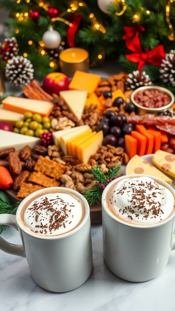 A festive charcuterie board with cheeses, meats, fruits, and hot cocoa mugs topped with whipped cream.